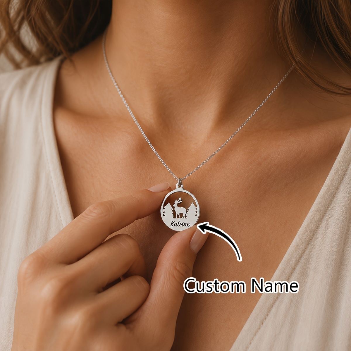 Personalized Engraved Name Necklace with Elk & Pine Tree Pendant